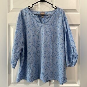 Chico's 100% Cotton Tunic Blouse Sz XL Embroidered Roll Tab Sleeve Cottage Core